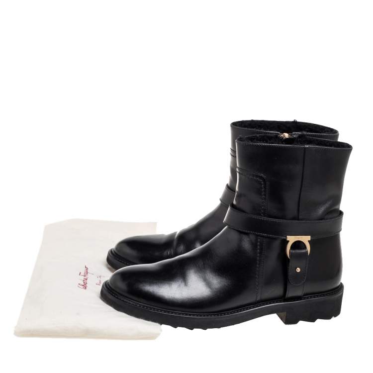 Pre Owned Salvatore Ferragamo Black Leather Gancini Logo Buckle Ankle Boots Size 39.5