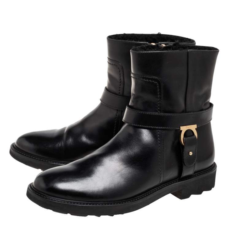 Pre Owned Salvatore Ferragamo Black Leather Gancini Logo Buckle Ankle Boots Size 39.5