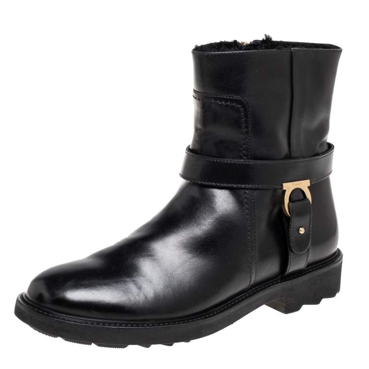 Pre Owned Salvatore Ferragamo Black Leather Gancini Logo Buckle Ankle Boots Size 39.5