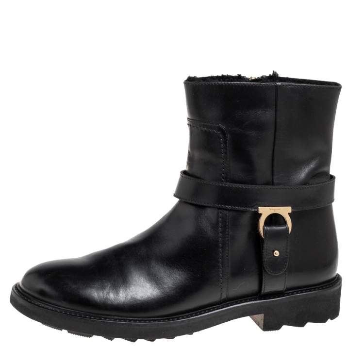 Pre Owned Salvatore Ferragamo Black Leather Gancini Logo Buckle Ankle Boots Size 39.5