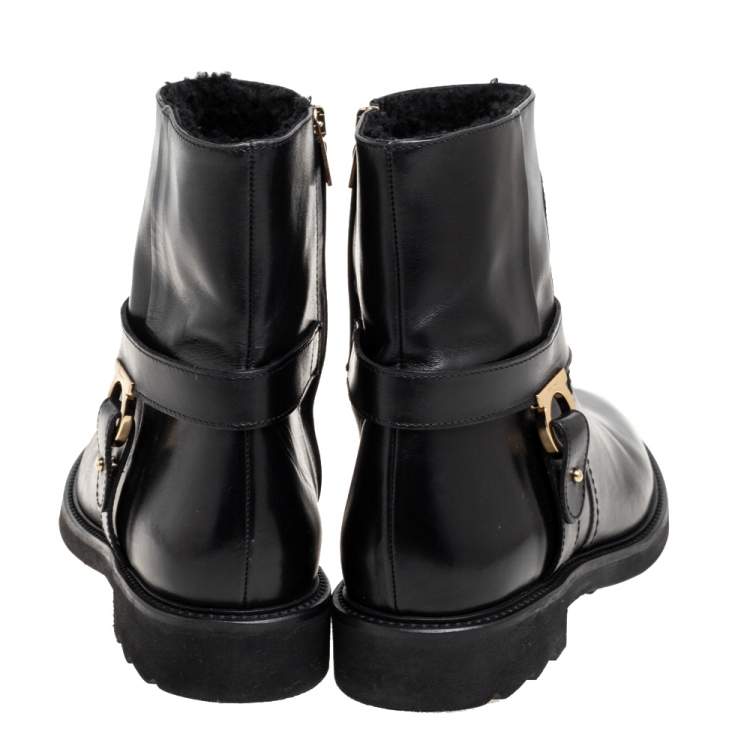Pre Owned Salvatore Ferragamo Black Leather Gancini Logo Buckle Ankle Boots Size 39.5