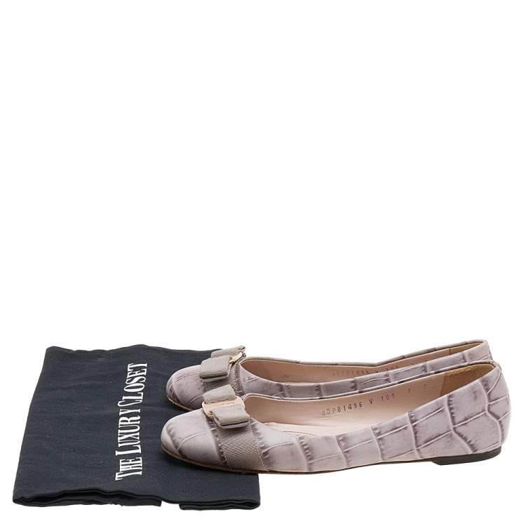 Pre Owned Salvatore Ferragamo Grey Croc Embossed Leather Varina Ballet Flats Size 37.5
