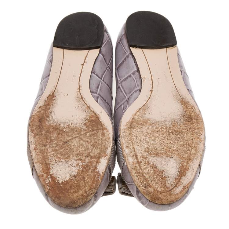 Pre Owned Salvatore Ferragamo Grey Croc Embossed Leather Varina Ballet Flats Size 37.5