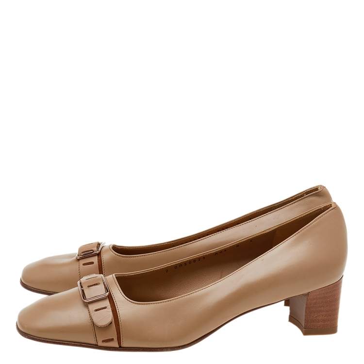 Pre Owned Salvatore Ferragamo Beige Leather Buckle Block Heel Pumps Size 38.5