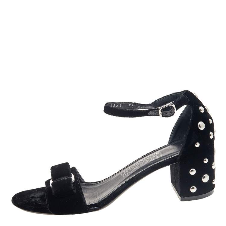 Pre Owned Salvatore Ferragamo Black Velvet Studded Block Heel Ankle Strap Sandals Size 38