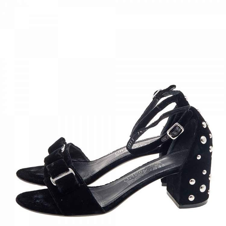 Pre Owned Salvatore Ferragamo Black Velvet Studded Block Heel Ankle Strap Sandals Size 38