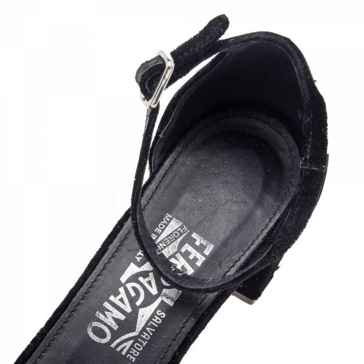 Pre Owned Salvatore Ferragamo Black Velvet Studded Block Heel Ankle Strap Sandals Size 38