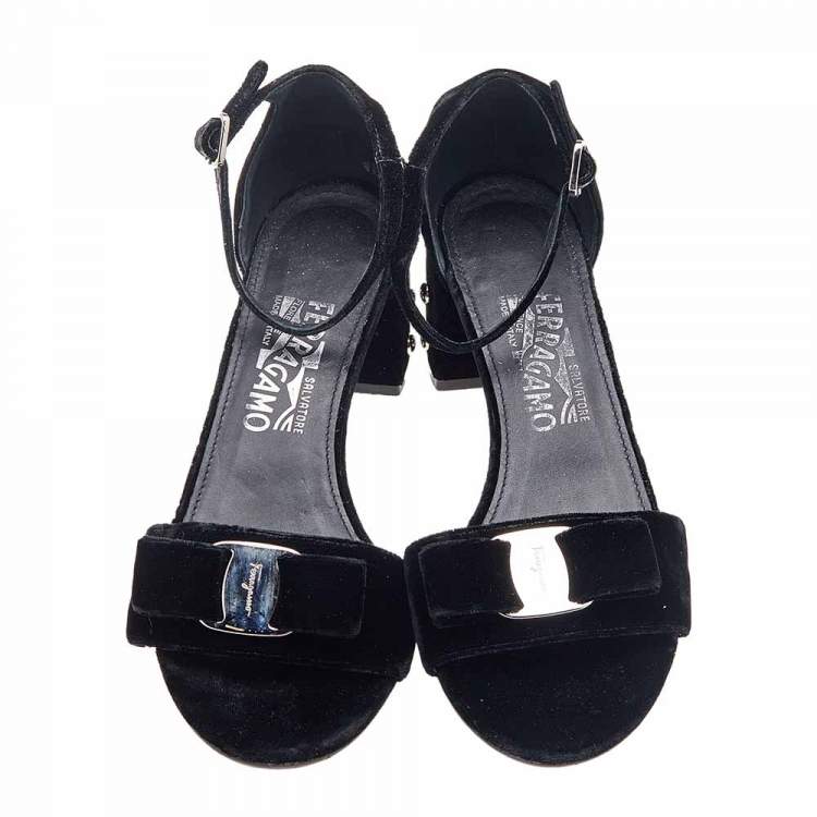Pre Owned Salvatore Ferragamo Black Velvet Studded Block Heel Ankle Strap Sandals Size 38