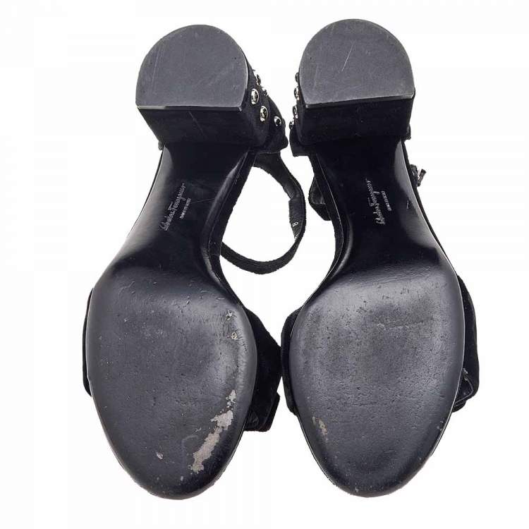 Pre Owned Salvatore Ferragamo Black Velvet Studded Block Heel Ankle Strap Sandals Size 38
