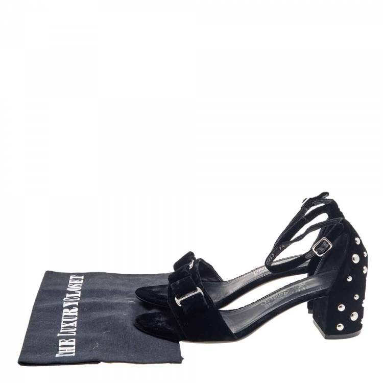 Pre Owned Salvatore Ferragamo Black Velvet Studded Block Heel Ankle Strap Sandals Size 38