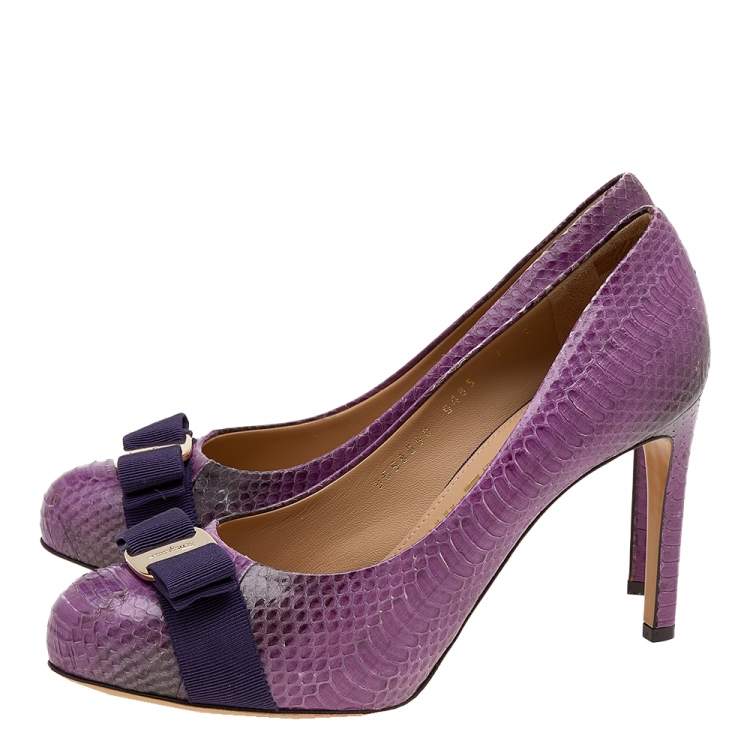 Pre Owned Salvatore Ferragamo Purple Water Snake Pimpa Vara Bow Pumps Size 38