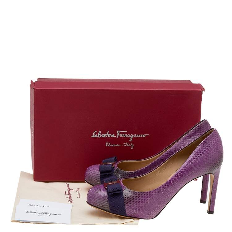 Pre Owned Salvatore Ferragamo Purple Water Snake Pimpa Vara Bow Pumps Size 38
