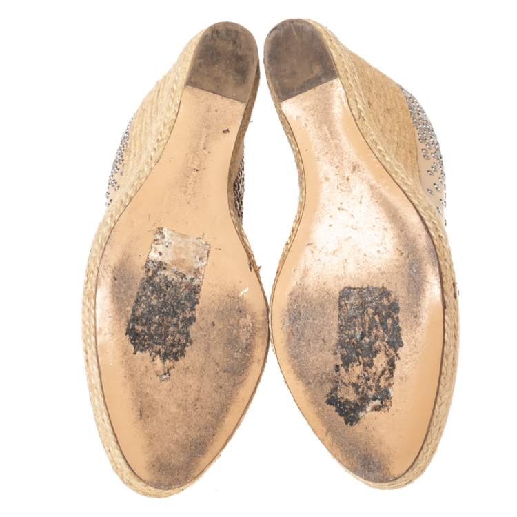 Pre Owned Salvatore Ferragamo Beige Studded Leather Espadrille Wedge Platform Pumps Size 39 