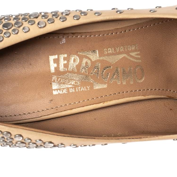 Pre Owned Salvatore Ferragamo Beige Studded Leather Espadrille Wedge Platform Pumps Size 39 
