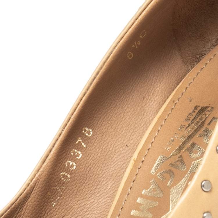 Pre Owned Salvatore Ferragamo Beige Studded Leather Espadrille Wedge Platform Pumps Size 39 