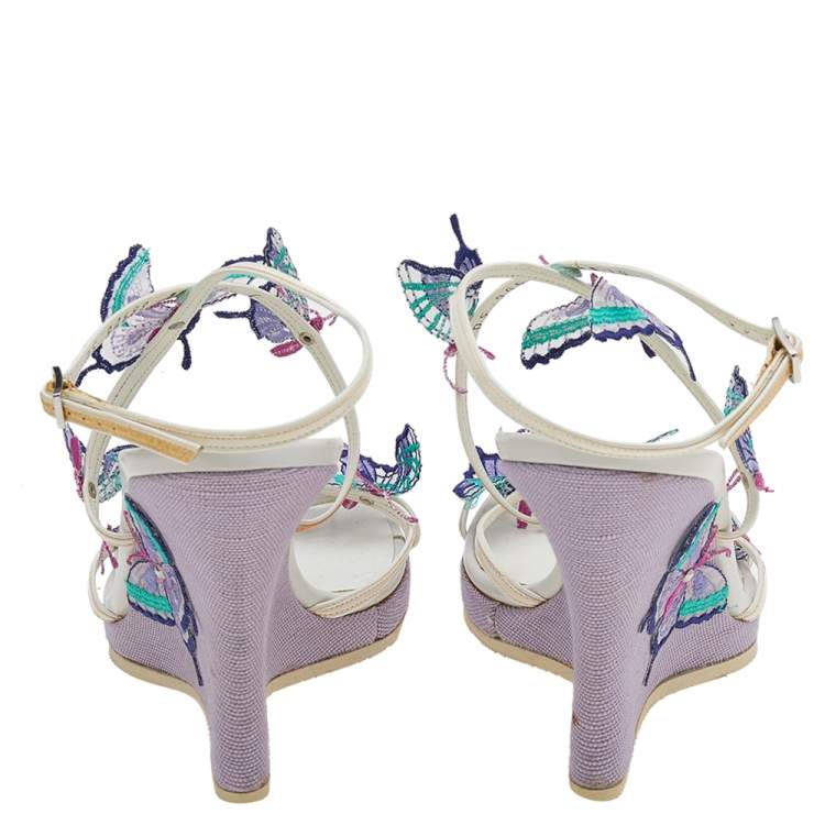 Pre Owned Salvatore Ferragamo White Patent Leather Butterfly Embellished Wedge Sandals Size 40.5