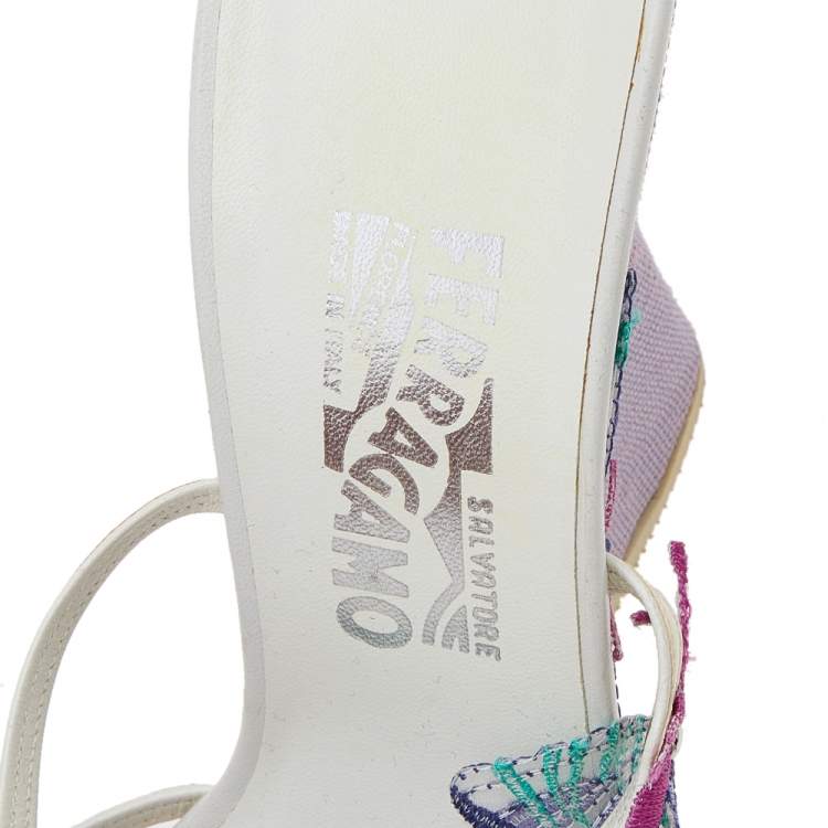 Pre Owned Salvatore Ferragamo White Patent Leather Butterfly Embellished Wedge Sandals Size 40.5