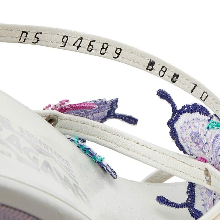 Pre Owned Salvatore Ferragamo White Patent Leather Butterfly Embellished Wedge Sandals Size 40.5