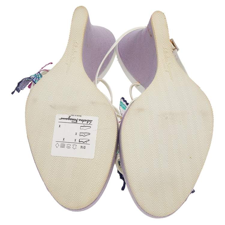 Pre Owned Salvatore Ferragamo White Patent Leather Butterfly Embellished Wedge Sandals Size 40.5