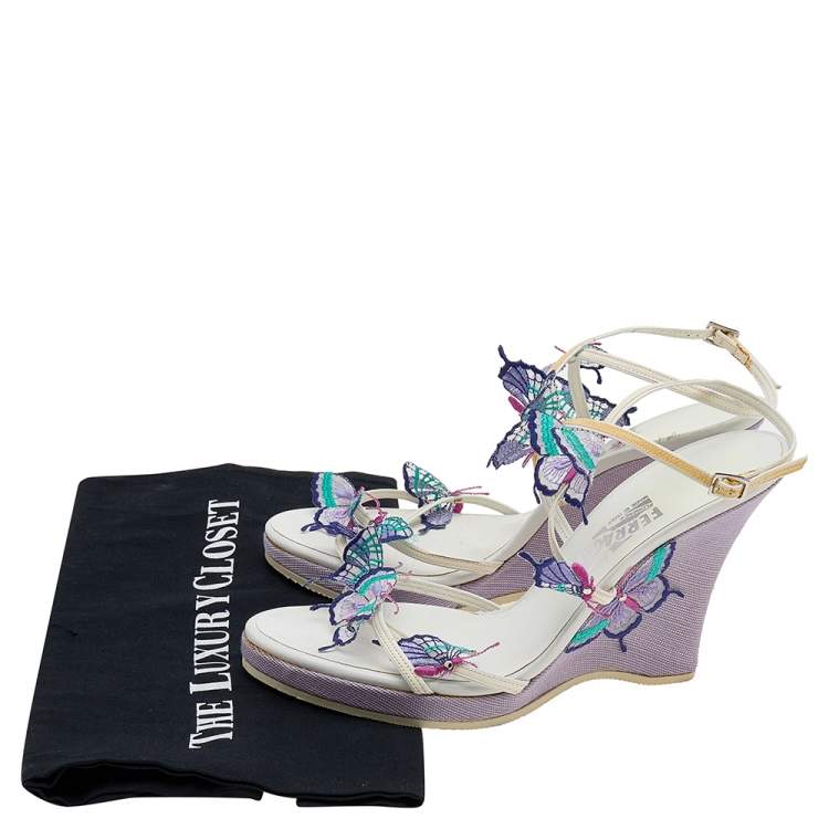Pre Owned Salvatore Ferragamo White Patent Leather Butterfly Embellished Wedge Sandals Size 40.5