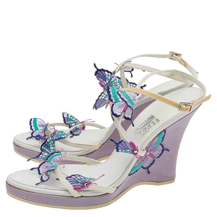 Pre Owned Salvatore Ferragamo White Patent Leather Butterfly Embellished Wedge Sandals Size 40.5