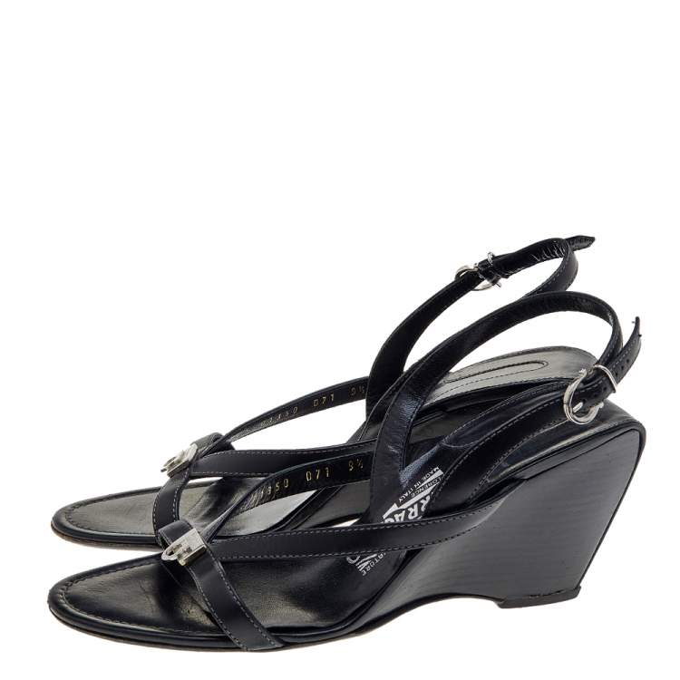 Pre Owned Salvatore Ferragamo Black Leather Wedge Sandals Size 40