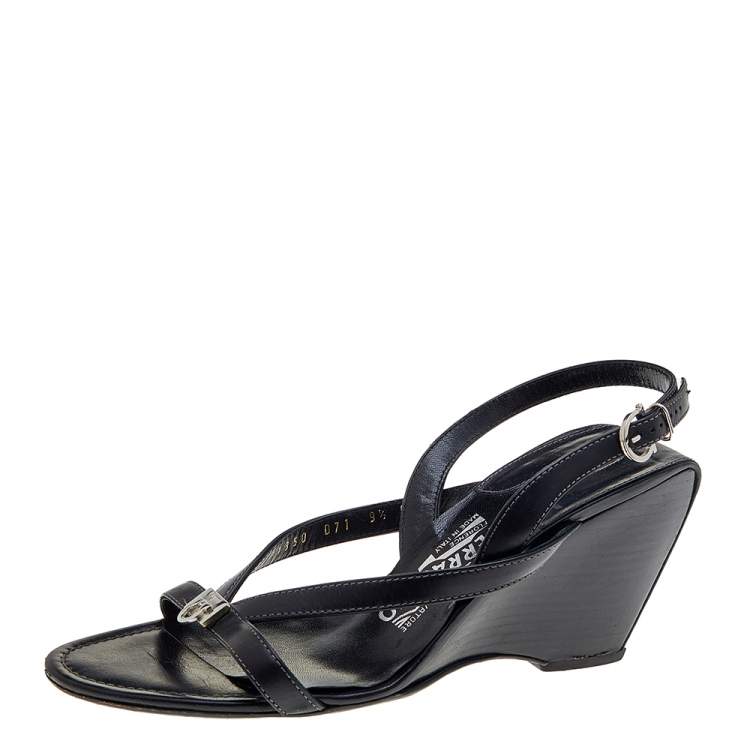 Salvatore Ferragamo Black Leather Wedge Sandals Size 40 Salvatore