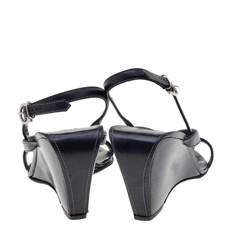 Pre Owned Salvatore Ferragamo Black Leather Wedge Sandals Size 40