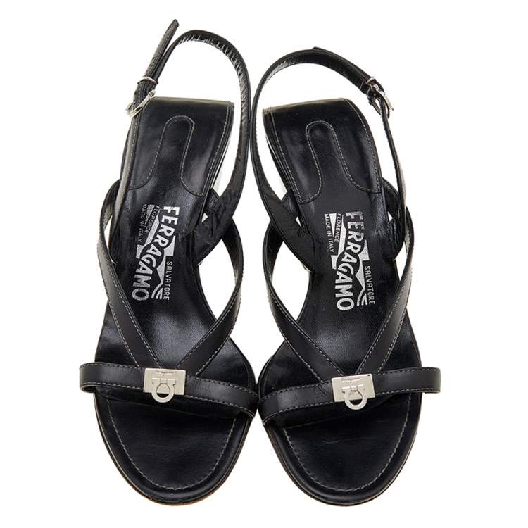 Pre Owned Salvatore Ferragamo Black Leather Wedge Sandals Size 40