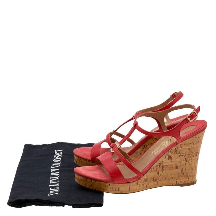Pre Owned Salvatore Ferragamo Burnt Orange Leather Ankle Strap Wedge Sandals Size 40.5