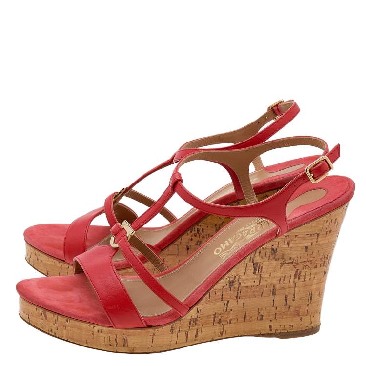 Pre Owned Salvatore Ferragamo Burnt Orange Leather Ankle Strap Wedge Sandals Size 40.5