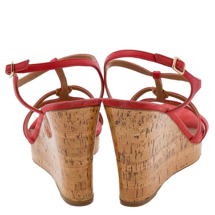 Pre Owned Salvatore Ferragamo Burnt Orange Leather Ankle Strap Wedge Sandals Size 40.5