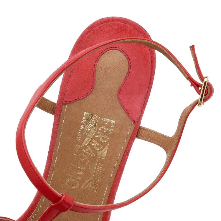 Pre Owned Salvatore Ferragamo Burnt Orange Leather Ankle Strap Wedge Sandals Size 40.5