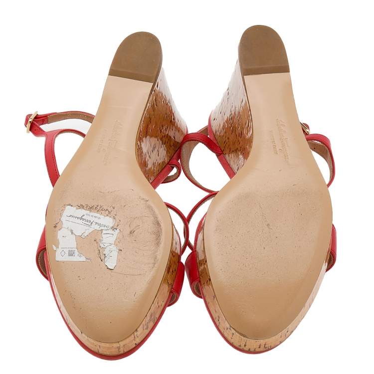 Pre Owned Salvatore Ferragamo Burnt Orange Leather Ankle Strap Wedge Sandals Size 40.5