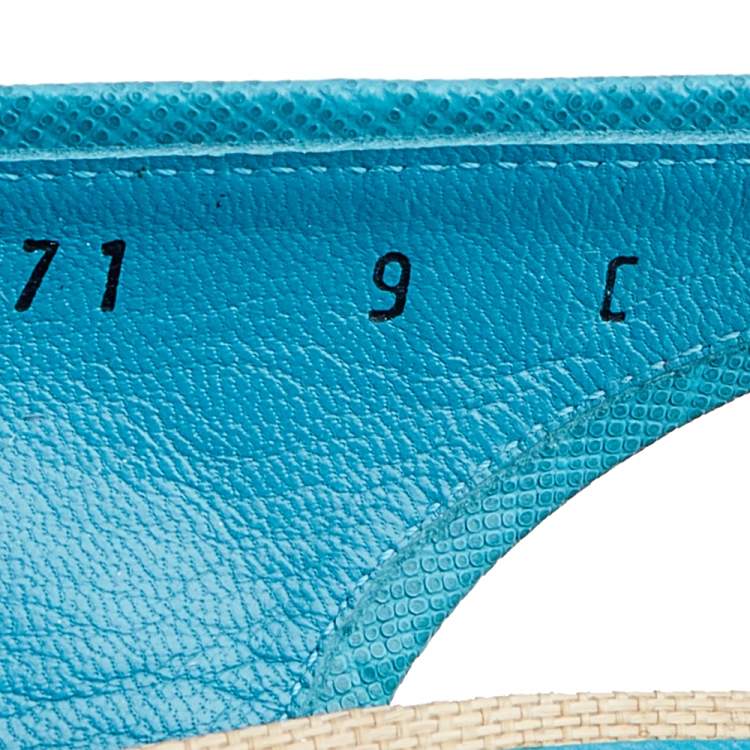 Pre Owned Salvatore Ferragamo Beige/Blue Raffia and Leather Peep Toe Slingback Sandals Size 39.5