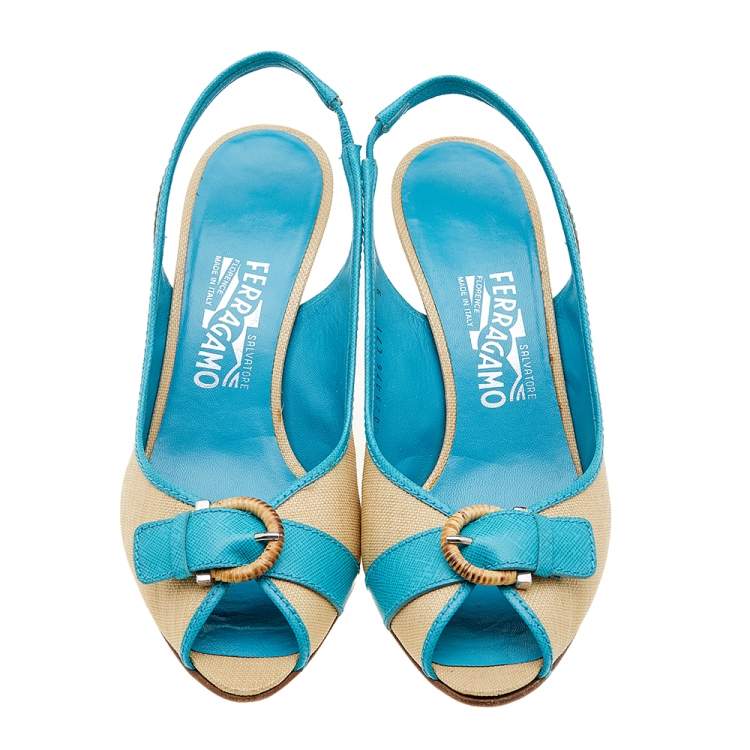 Pre Owned Salvatore Ferragamo Beige/Blue Raffia and Leather Peep Toe Slingback Sandals Size 39.5