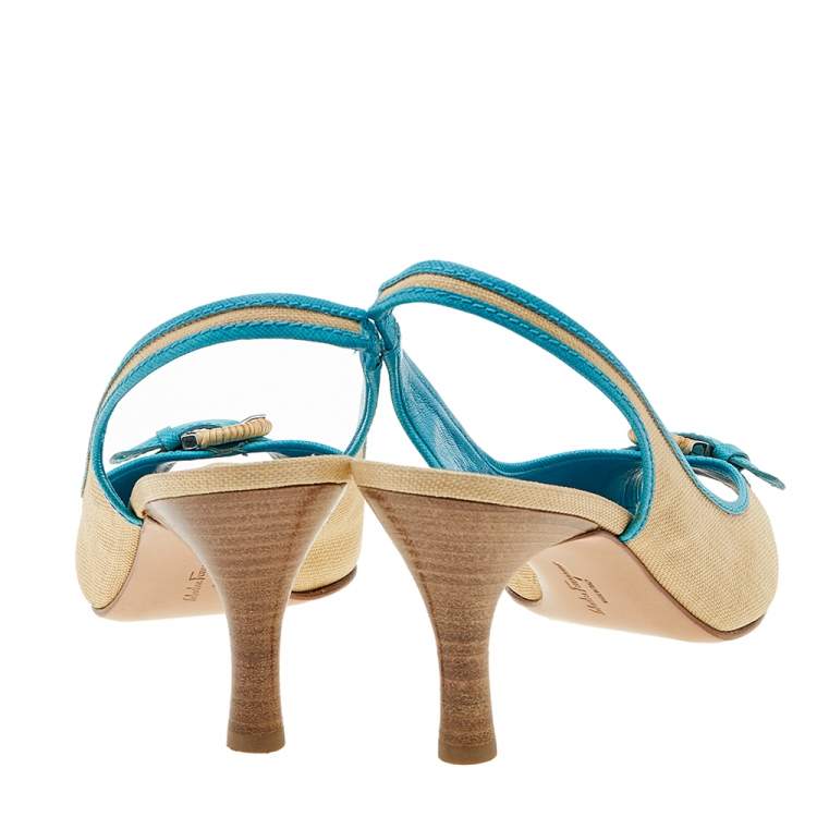 Pre Owned Salvatore Ferragamo Beige/Blue Raffia and Leather Peep Toe Slingback Sandals Size 39.5