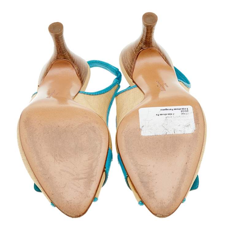 Pre Owned Salvatore Ferragamo Beige/Blue Raffia and Leather Peep Toe Slingback Sandals Size 39.5