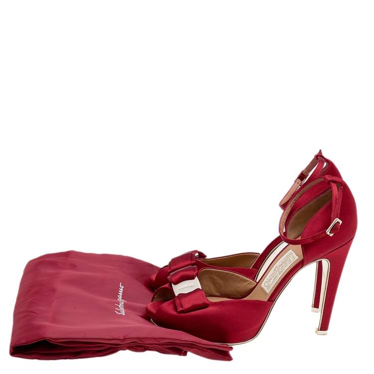Pre Owned Salvatore Ferragamo Red Satin Vara Bow Ankle Strap Sandals Size 38