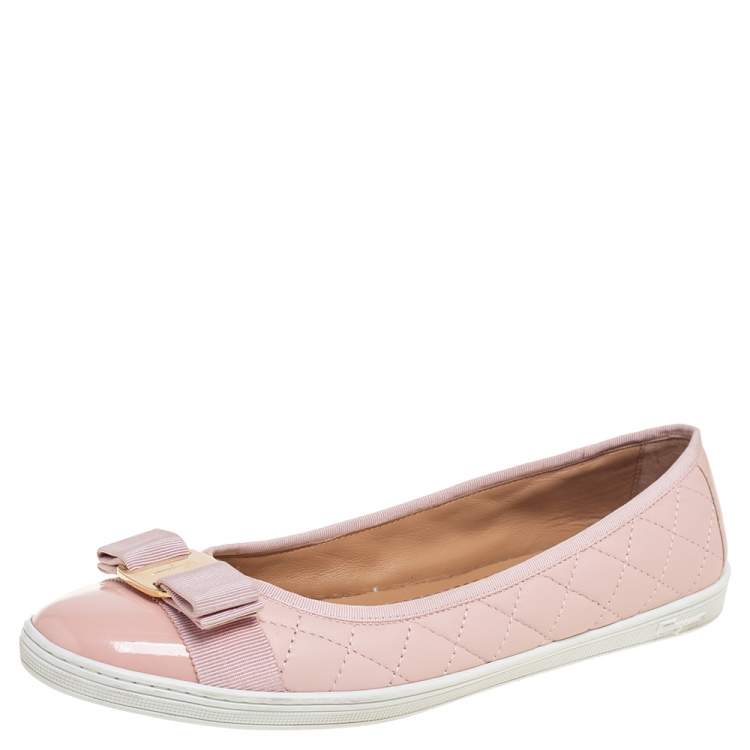 Pre Owned Salvatore Ferragamo Pink Quilted and Patent Leather Varina Bow Slip-On Sneakers Size 39.5