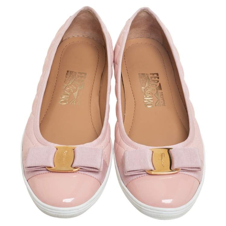 Pre Owned Salvatore Ferragamo Pink Quilted and Patent Leather Varina Bow Slip-On Sneakers Size 39.5