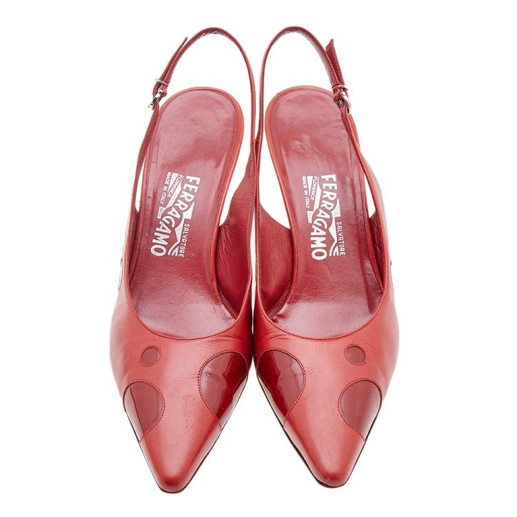 Pre Owned Salvatore Ferragamo Red Patent and Leather Pointed Toe Slingback Sandals Size 40