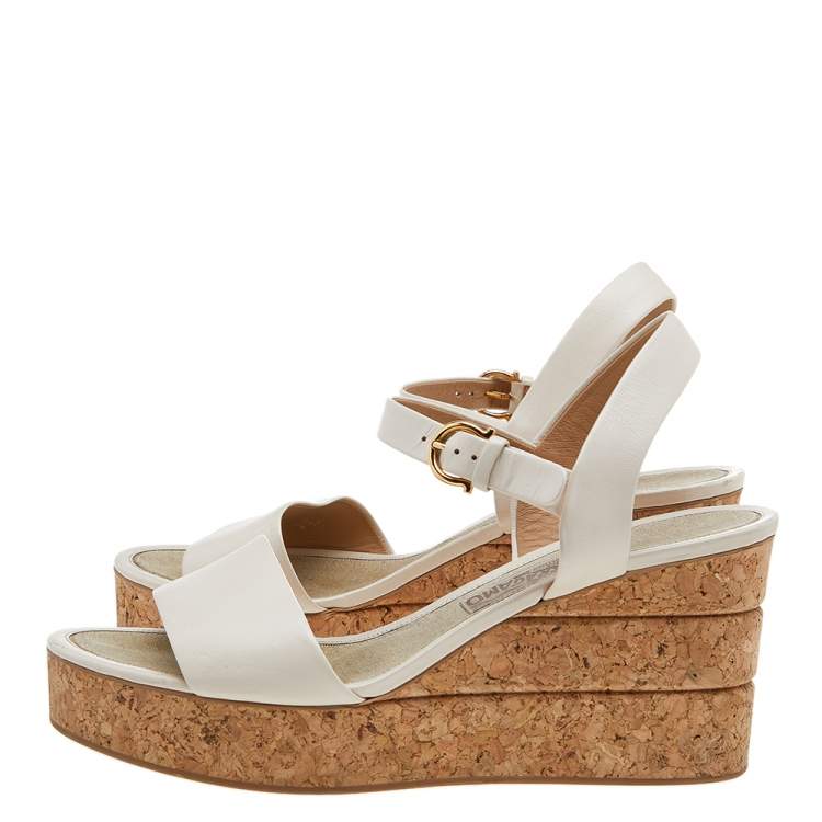 Pre Owned Salvatore Ferragamo Beige Leather Cork Wedge Sandals Size 40.5