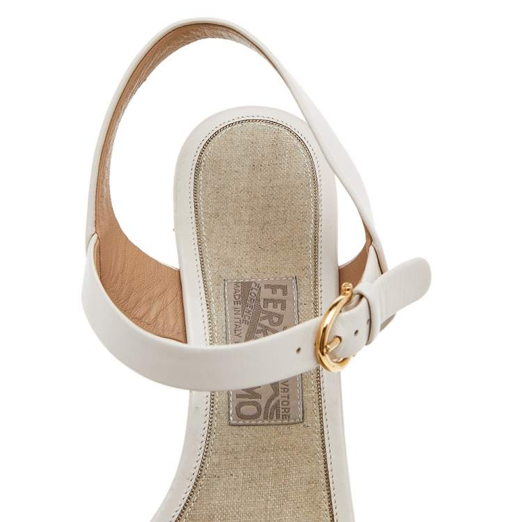 Pre Owned Salvatore Ferragamo Beige Leather Cork Wedge Sandals Size 40.5