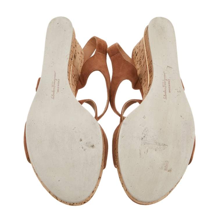 Pre Owned Salvatore Ferragamo Brown Suede Cork Wedge Sandals Size 40.5