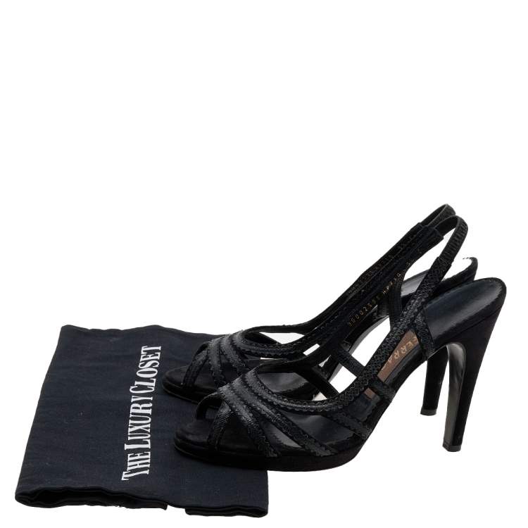 Pre Owned Salvatore Ferragamo Black Karung and Suede Peep Toe Slingback Sandals Size 40