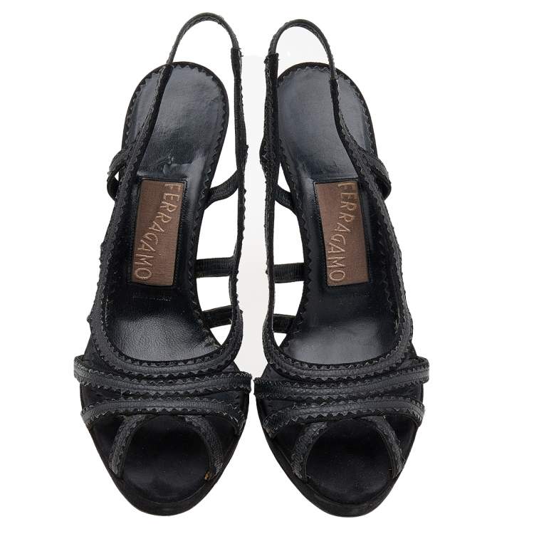 Pre Owned Salvatore Ferragamo Black Karung and Suede Peep Toe Slingback Sandals Size 40