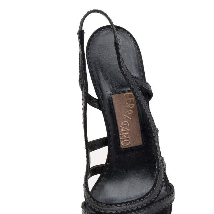 Pre Owned Salvatore Ferragamo Black Karung and Suede Peep Toe Slingback Sandals Size 40