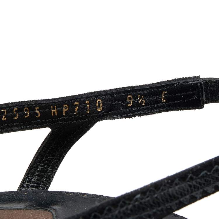 Pre Owned Salvatore Ferragamo Black Karung and Suede Peep Toe Slingback Sandals Size 40