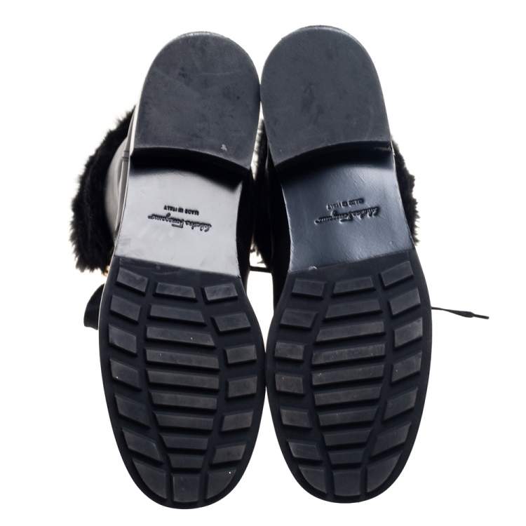 Pre Owned Salvatore Ferragamo Black Leather And Fur Trim Lapo Tall Combat Boots Size 39